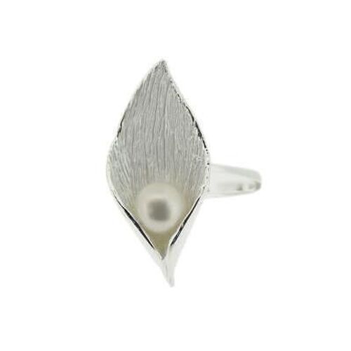 Sterling Silver Lily Leaf Ring with Pearl in Size L and Presentation Box