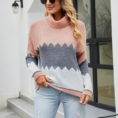 Contrast Color High Neck Pullover Knitted Sweater