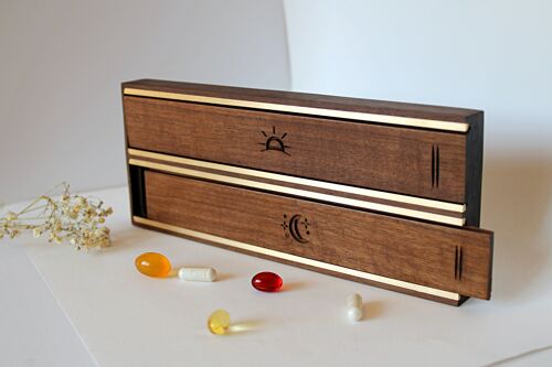pastillero de madera, caja organizadora pastillas, vitaminas y pastillas diarias, organizador pastillas, caja de madera