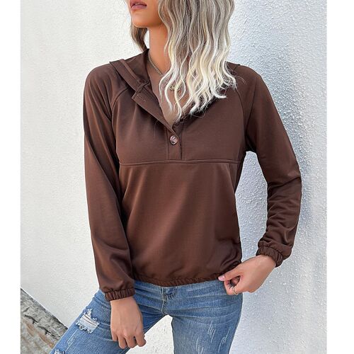 Coffee Brown Casual Buttoned Long Sleeve Sweatshirt