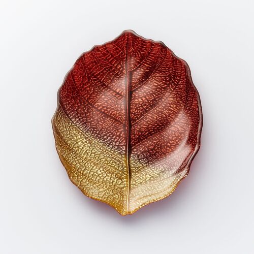 28cm Glass Plate - Leaf Design - Brown & Gold