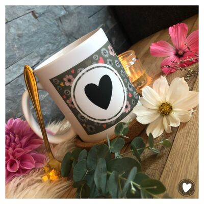 Mug  Kaki cœurs & fleurs (Fête des mères, maman, fleuriste, liberty))