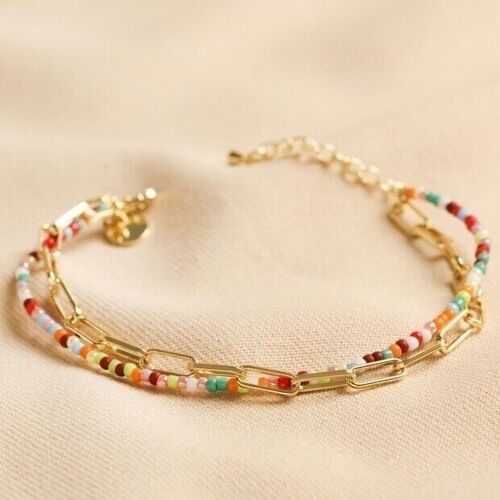 Rainbow Bead and Chain Layered Bracelet in Gold