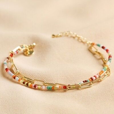 Bracelet superposé de perles et de chaînes arc-en-ciel en or