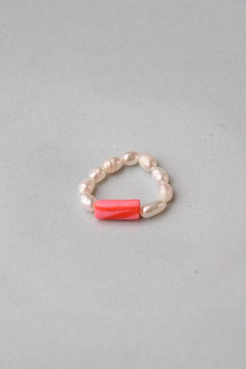 Polymerton Ring, poppy pink x fresh water pearl