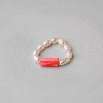 Polymerton Ring, poppy pink x fresh water pearl