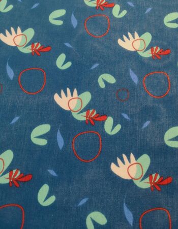 Tissu coton soie motif retro anneaux colori bleu - Fogli-22 1