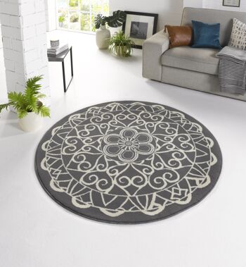 Tapis Velours Design Mandala rond Capri gris 3