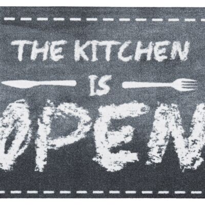 Tapis de cuisine lavable The Kitchen is Open Cook & Clean Noir Gris