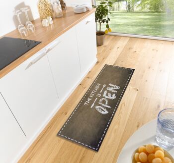 Tapis de cuisine lavable The Kitchen is Open Cook & Clean marron 2