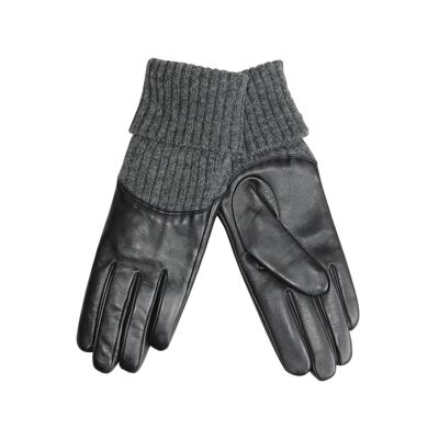 Fashionable smooth leather gloves for women with knitted cuffs