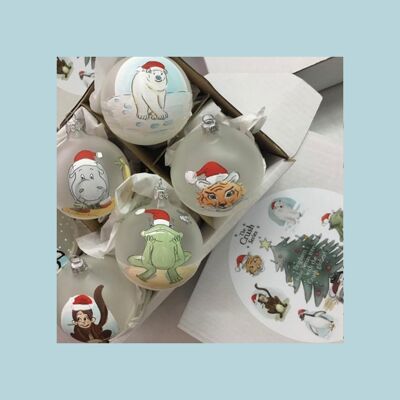 Set of 6 hand painted glass Christmas baubles 8 cm