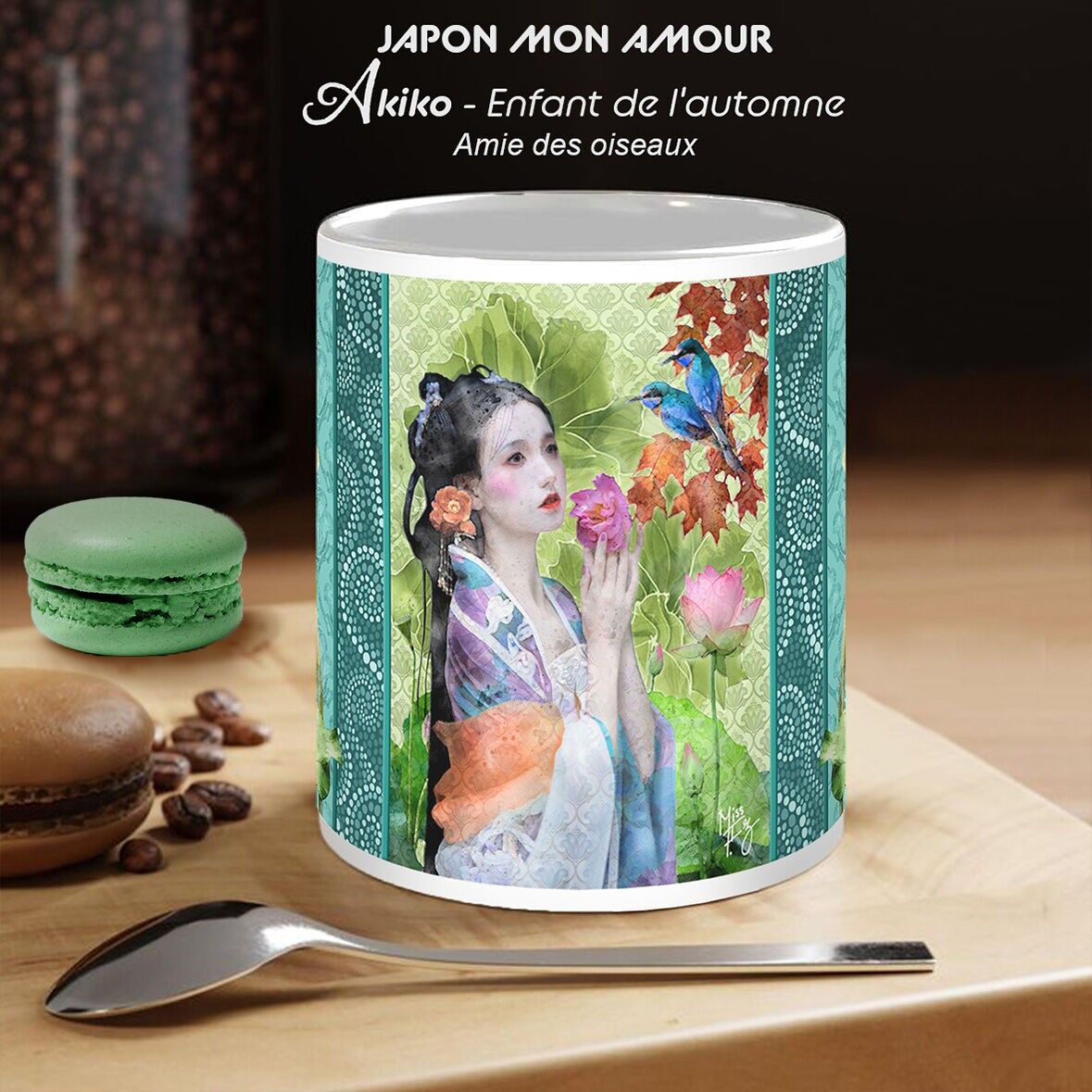 Taza japonesa - Akiko > Niña del otoño - Amiga de los pájaros