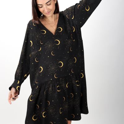 Loose long-sleeved dress with Celeste print Made in France