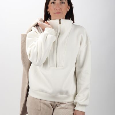 Ecru fleece sweatshirt with trucker collar Made in France