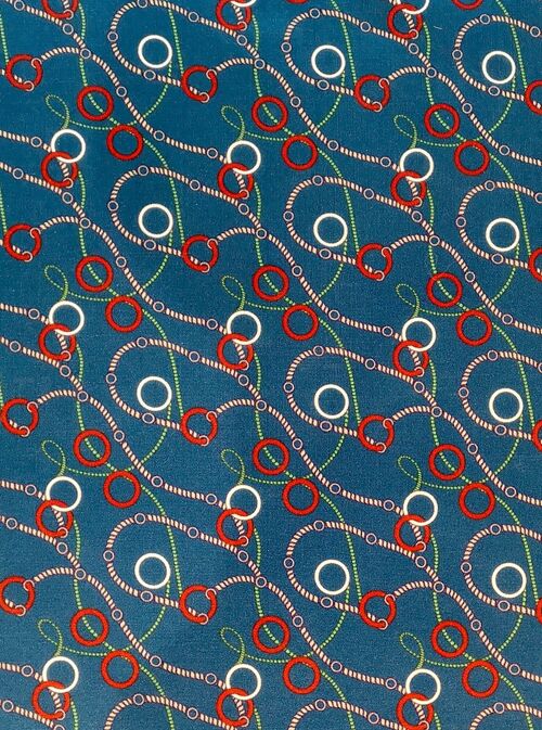 Tissu coton soie motif rétro anneaux coloris bleu méditerranée - Preppy-22