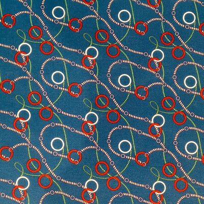 Tissu coton soie motif rétro anneaux coloris bleu méditerranée - Preppy-22