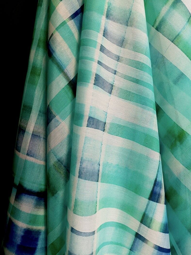 Tissu coton soie imprimé motif carreaux coloris Aqua - Dune-22