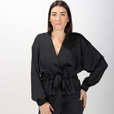 Black satin kimono fitted at the waist Made in France