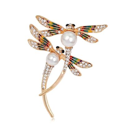 Gold-tone Diamante Enamel Dragonfly Couple with Simulated Pearls