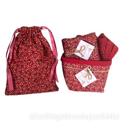 Washable make-up remover wipes with basket and pouch - Red flowers"