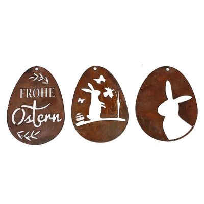 Huevos de Pascua con pátina | Set de decoración "Felices Pascuas" para colgar | Juego de 3 adornos colgantes | 8 cm x 5,5 cm