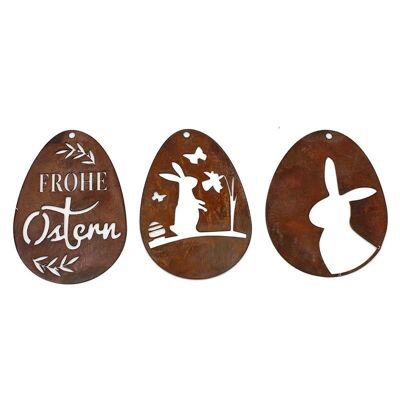 Juego de decoración de huevos de Pascua con pátina "Felices Pascuas" para colgar | Juego de 3 adornos colgantes | 10 cm x 7 cm