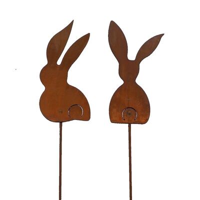Conejo de decoración de jardín de pátina con palo | Decoración de Pascua para el jardín y la casa | 15cm x 10cm