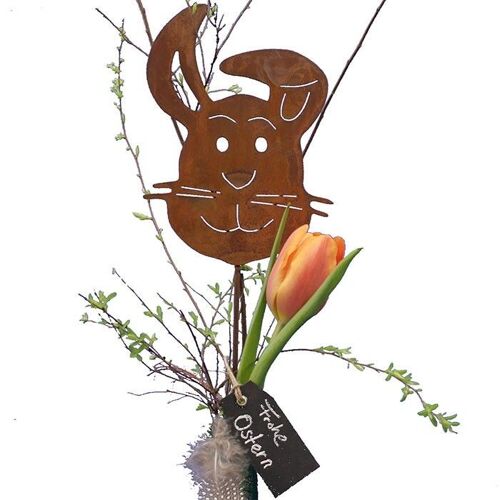 Deko Rost Hase | lustige Osterdeko Figur | auf Stab | 15 cm x 11 cm | Edelrost Gartendeko für Ostern