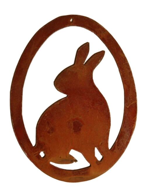 Rost Deko Hase im Ei | Fensterdeko hängend zu Ostern | 15 cm x 11 cm | sitzender Hase | Ostereier zum aufhängen