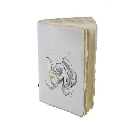 Carnet de notes papier parchemin, motif gravure de poulpe - octopus et rehauts doré à chaud