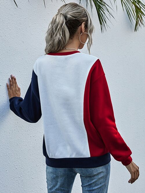 Contrast Color Patchwork Loose Pullover Sweatshirt