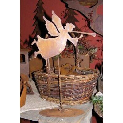 Christmas decoration angel figure with trumpet on base plate in patina