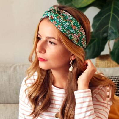 MARCY headband / green organic cotton with pink flower print