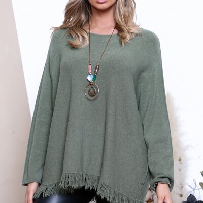 Khaki Green frayed edge top with necklace