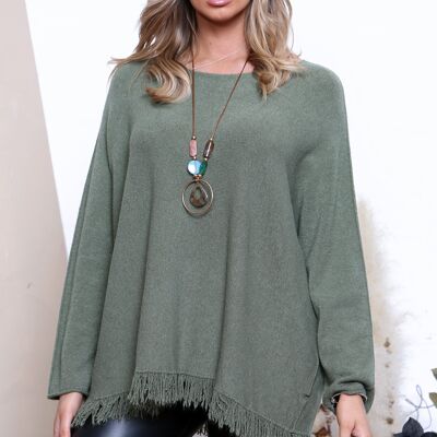 Top bord effiloché vert kaki avec collier