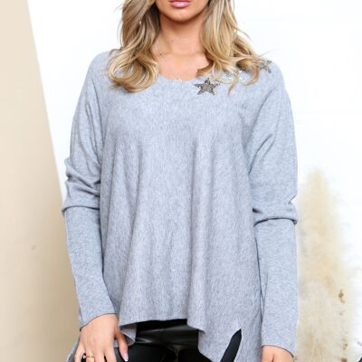 Grey wide neck top with sparkle stars