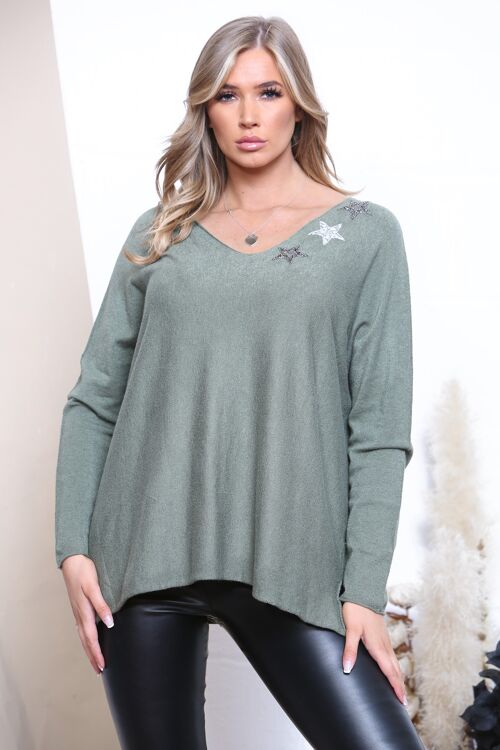Khaki Green wide neck top with sparkle stars