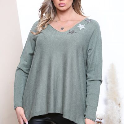 Khaki Green wide neck top with sparkle stars