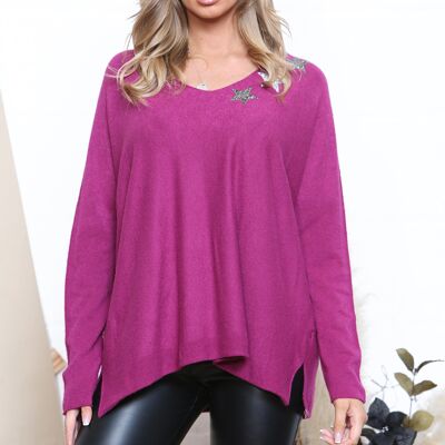 Purple wide neck top with sparkle stars