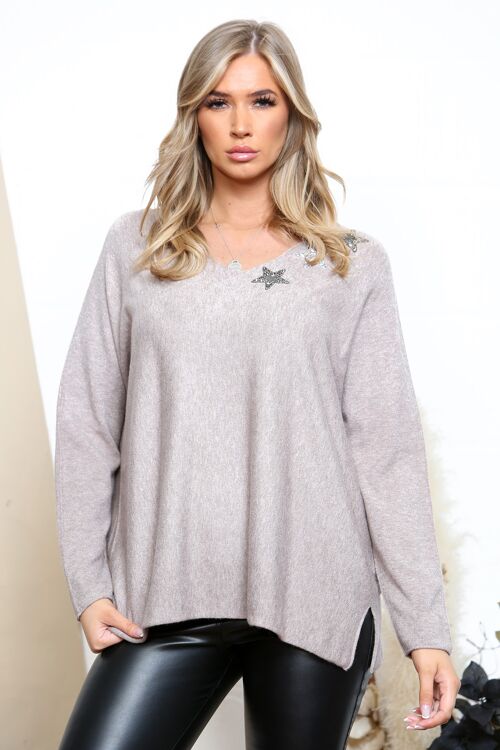 Taupe wide neck top with sparkle stars