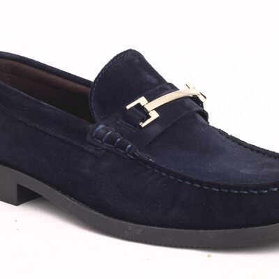 Men's blue plush leather moccasin with nickel trim