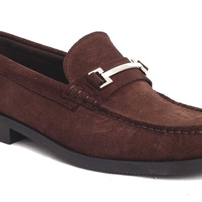Men's brown plush leather loafer with nickel trim
