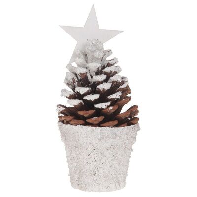 Pine cone with star in pot 7x7x18 cm white