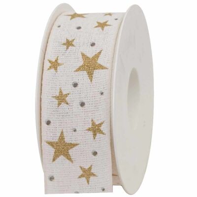Gift ribbon evening sky white / gold stars 40mm 20 meters