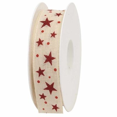 Gift ribbon evening sky cream / red stars 25mm 20 meters