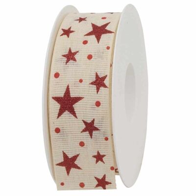 Gift ribbon evening sky cream / red stars 40mm 20 meters