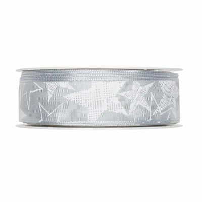 Gift ribbon "Stars" grey/white 25mm 25m