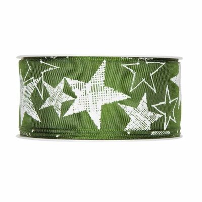 Gift ribbon "Stars" green/white 40mm 25m