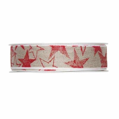 Geschenkband "Sterne" natur/rot 25mm 25Meter